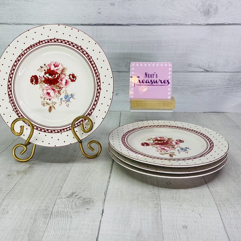 Country Living CUJ1 Center Red Rose Dot Stoneware White Salad Lunch Plates Set 4